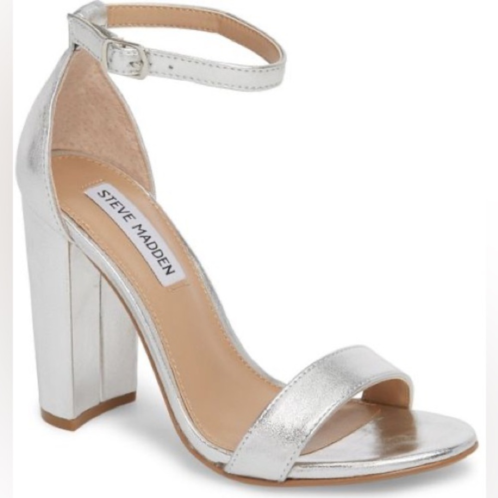 Steve Madden Silver Heels Metallic Ankle Strap